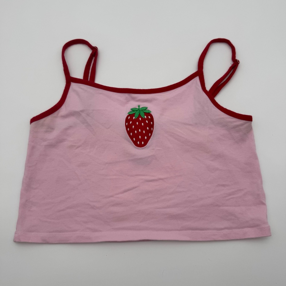 Hot Topic Pink Strawberry Embroidered Cami Crop Top Red Trim Large
